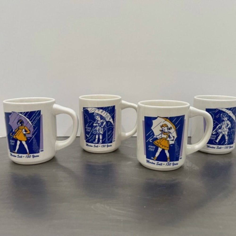 Morton Salt white Set of 4 coffee mugs Umbrella Girl Ads 1914 1921 1956 1968 New